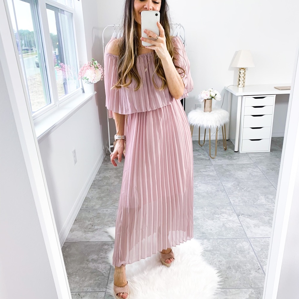 Dusty Pink Off Shoulder Ruffle Pleated Maxi Dress - Picture 10 of 12